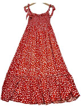 Women's Smocked Country Maxi Dress Sleeveless Size L 12/14 Red White Polka Dot